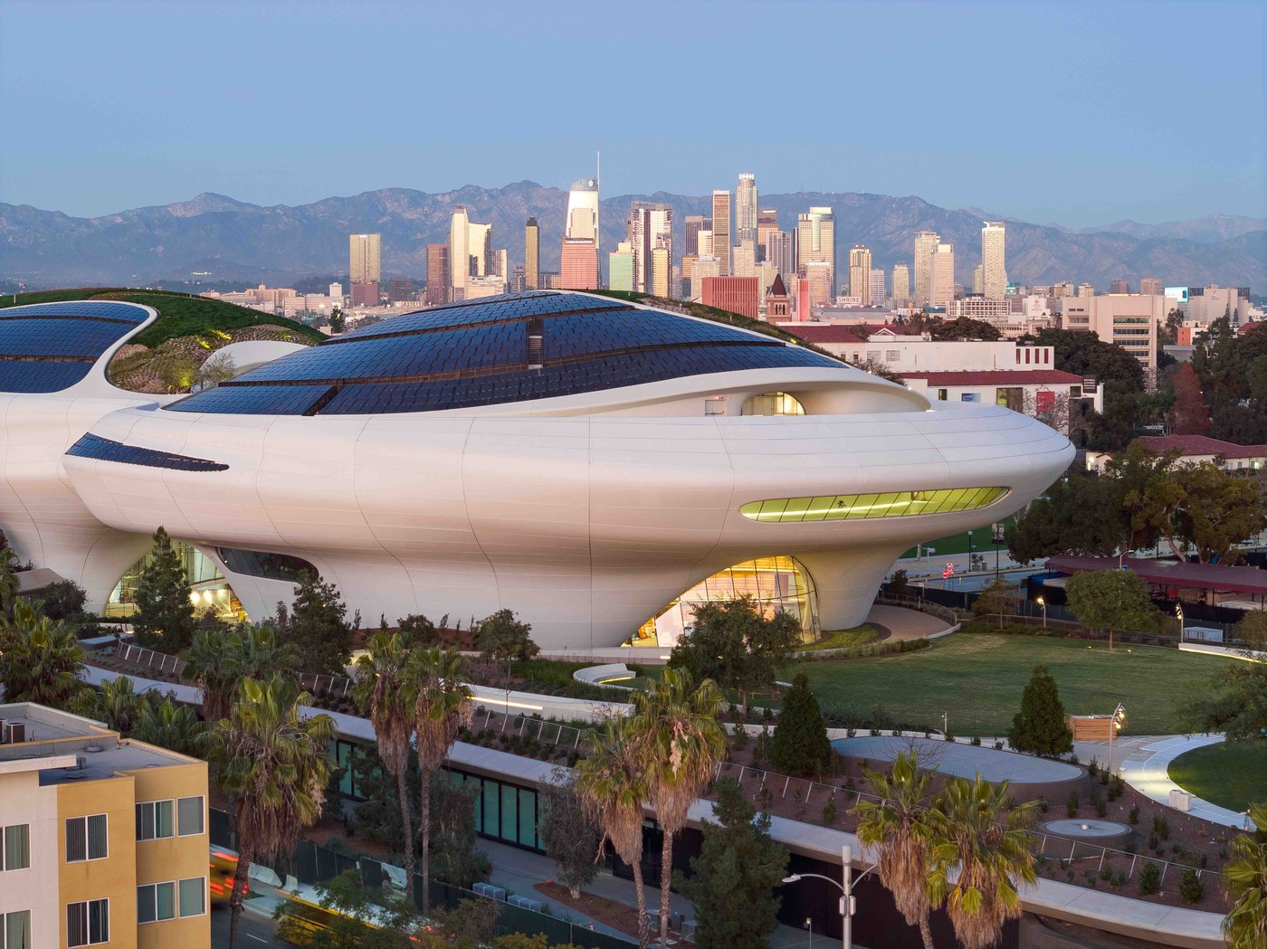 Sweeping exterior elevation of the Lucas Museum of Narrative Art by MAD Architects in Exposition Park