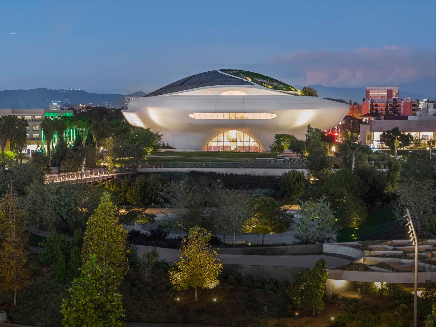 Aerial perspective of the Lucas Museum of Narrative Art 13-acre campus and rooftop gardens