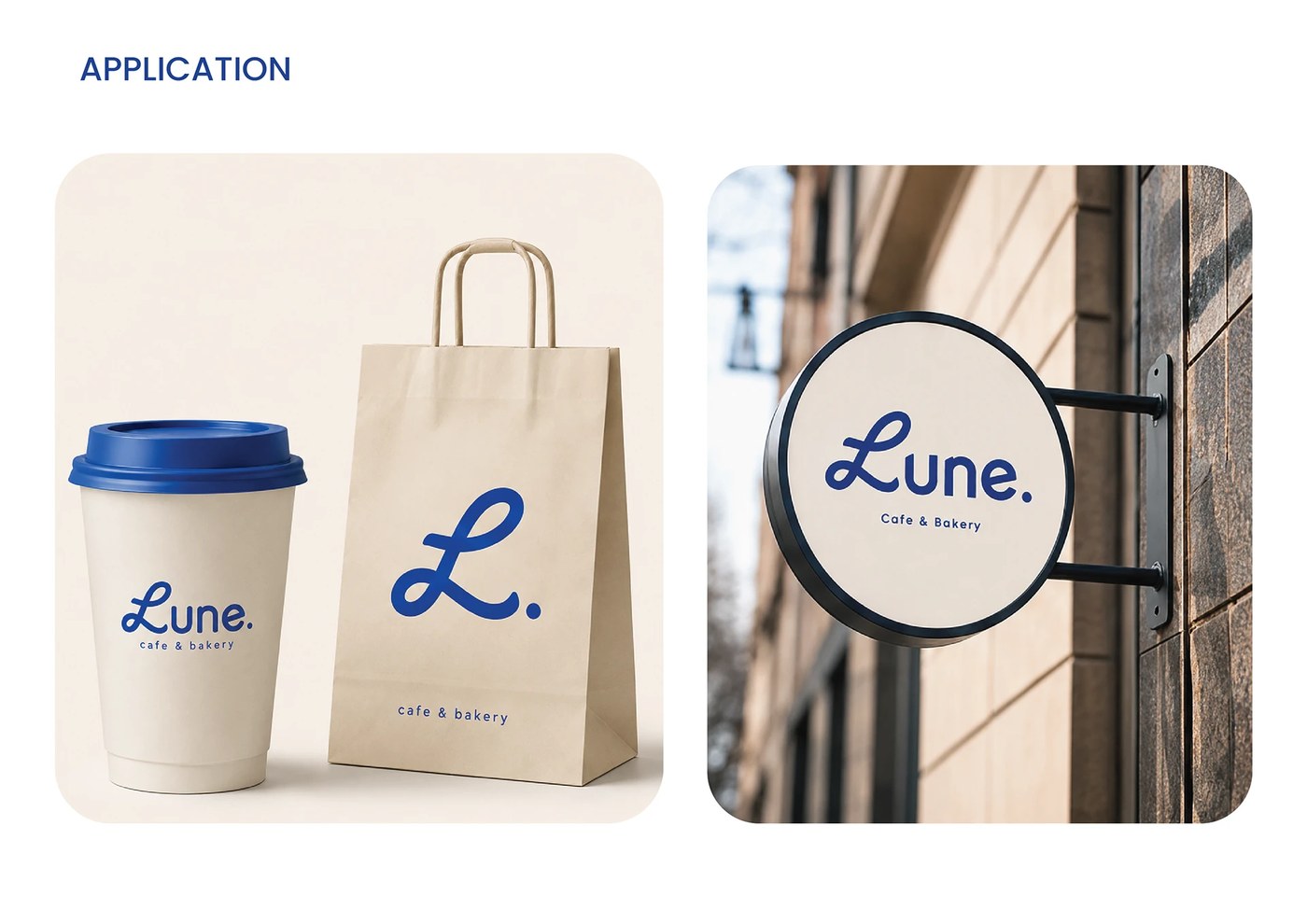 Lune Cafe and Bakery brand identity design takeaway packaging and cups by Ashida Hydrose