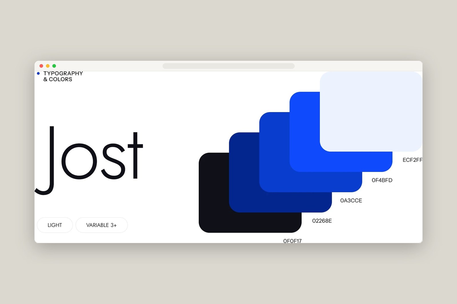 Magma web design typography and color system showing Jost Light and Variable 3+ font specimen with cobalt blue hex swatches by Cuberto