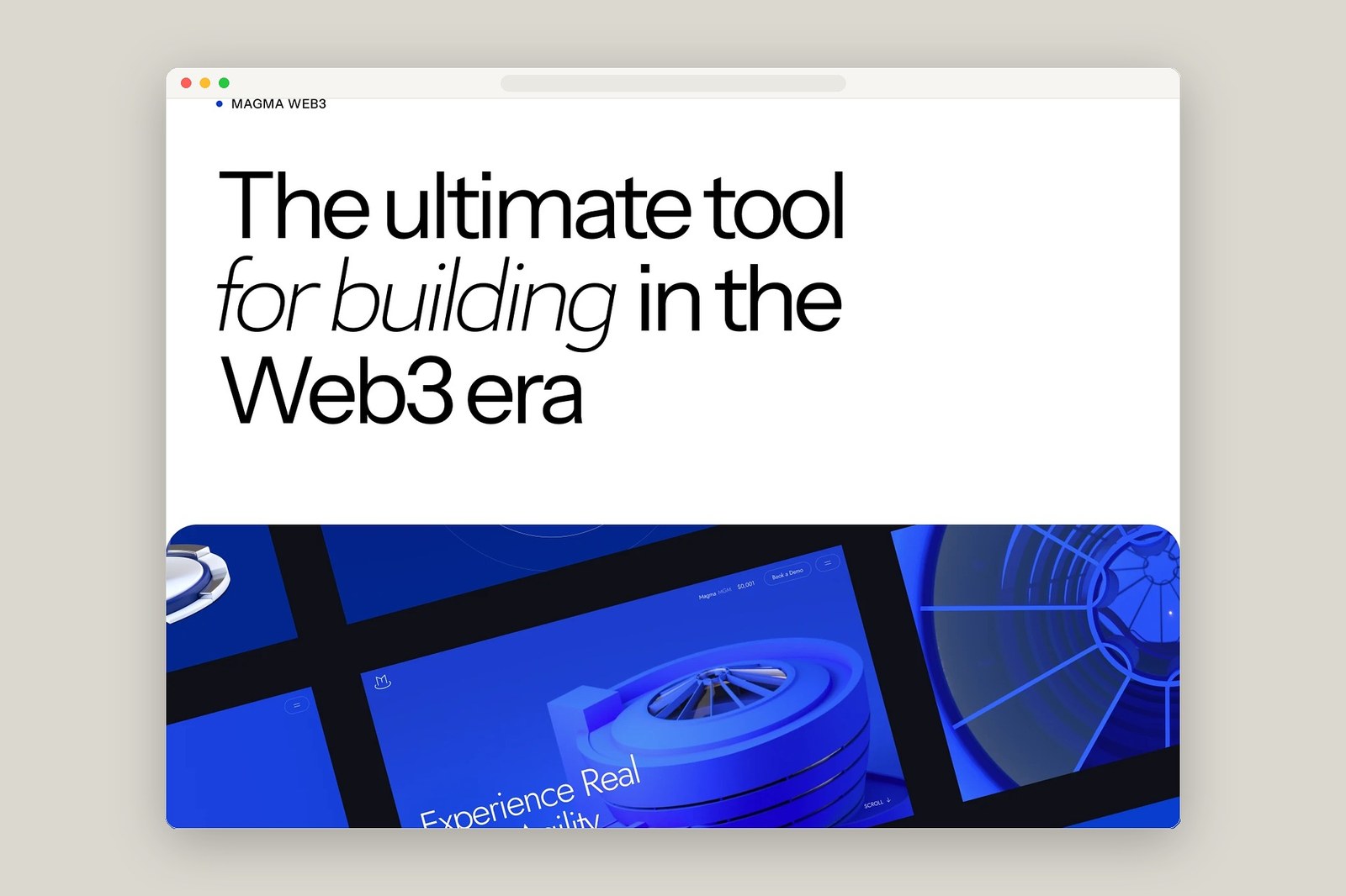 Magma web design hero viewport showing 3D digital twin building model and Experience Real Estate Agility headline by Cuberto