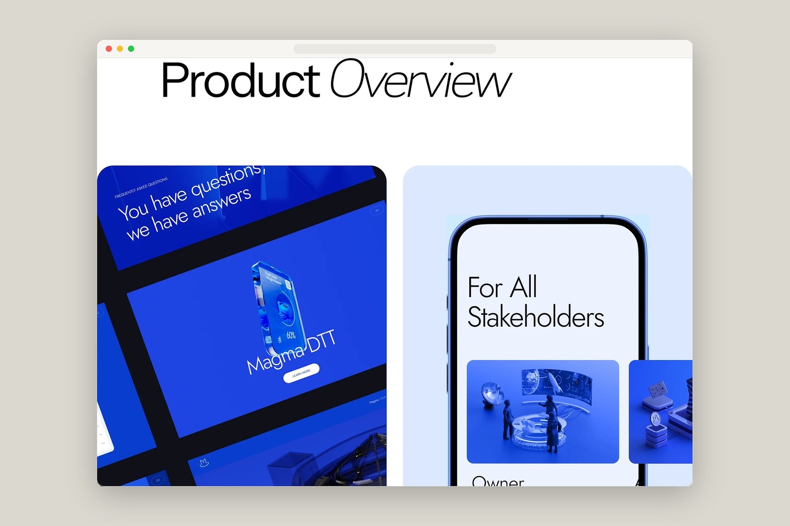 Magma web design product overview showing Digital Twin Token card, mobile stakeholder UI, and orbital M monogram by Cuberto
