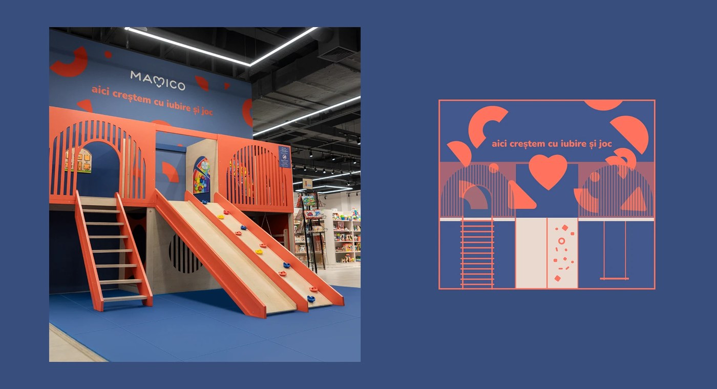 Mamico kids store branding — coral-orange and birch plywood play structure with TRUE AGENCY flat brand illustration