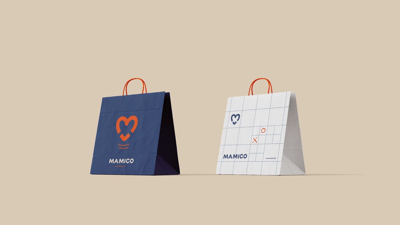 Mamico kids store branding — three-color brand palette deep navy coral-orange and off-white across retail signage and packaging