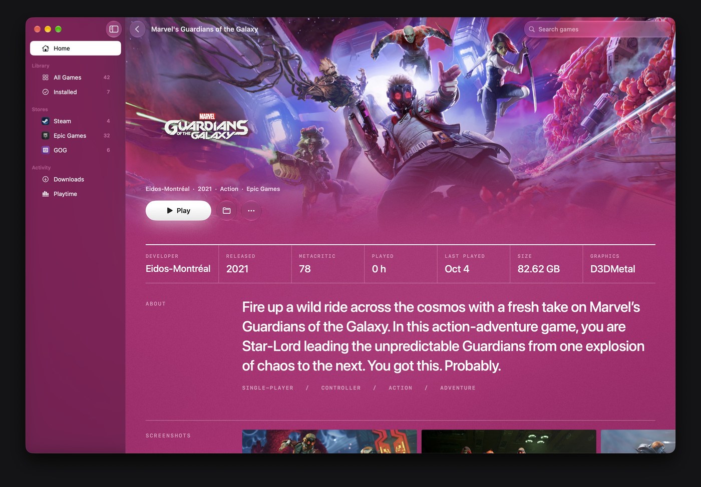 Marvel Guardians of the Galaxy game details screen with cosmic magenta ambient palette in MaPC