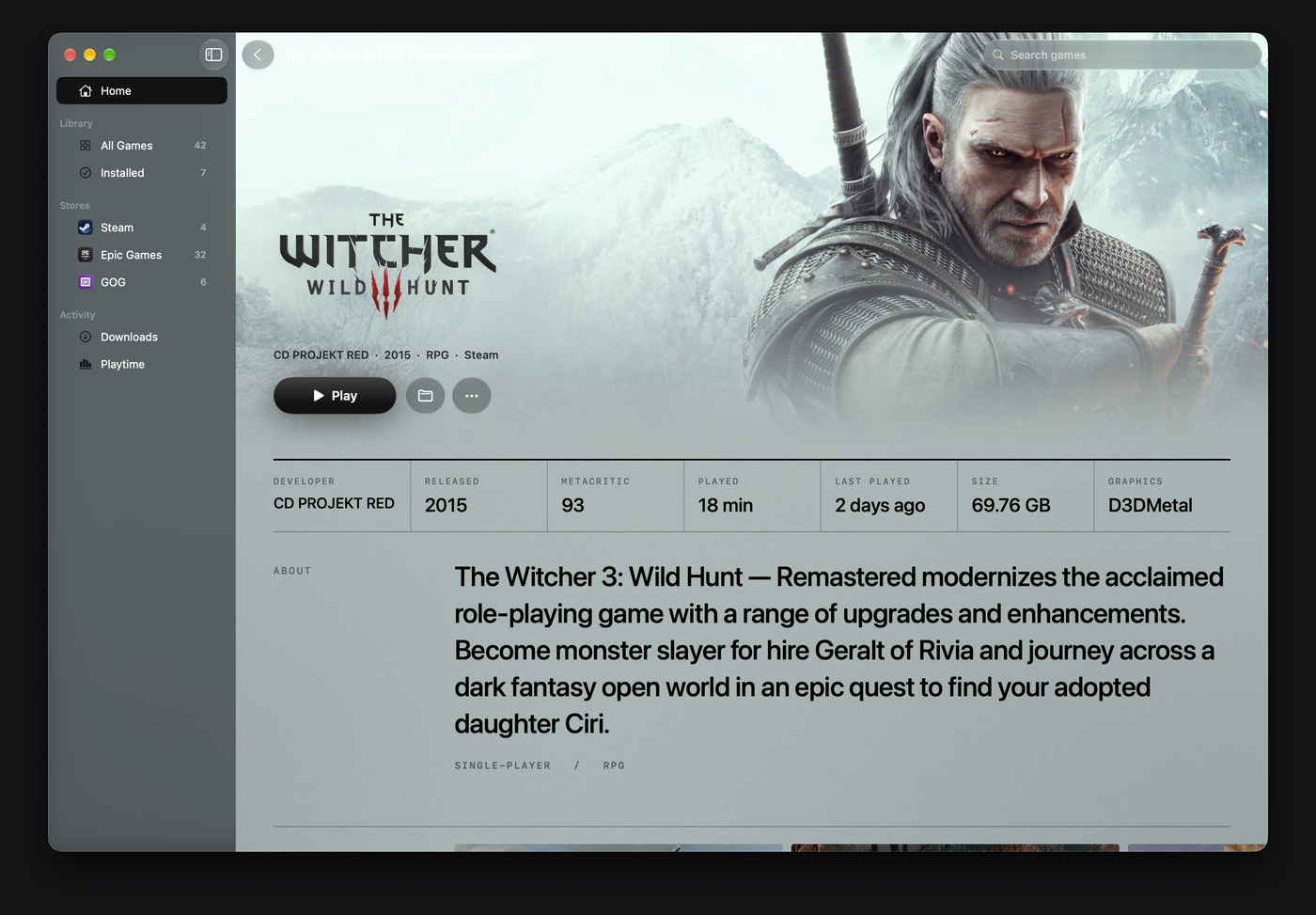 The Witcher 3 Wild Hunt game details screen in MaPC displaying D3DMetal graphics and metadata