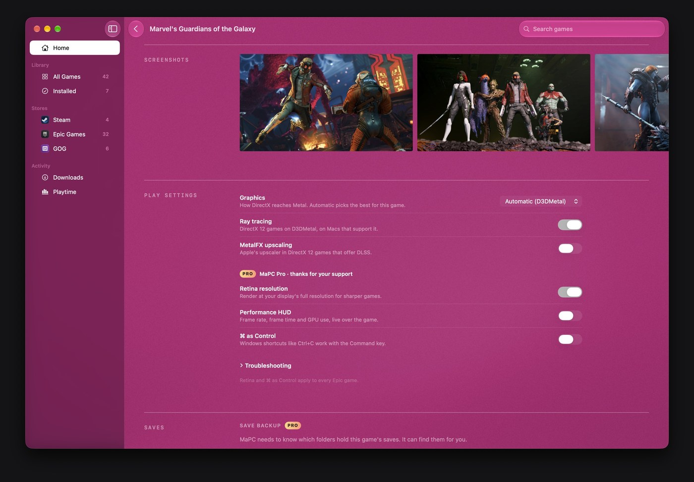 Granular graphics and play settings in MaPC including MetalFX upscaling and ray tracing