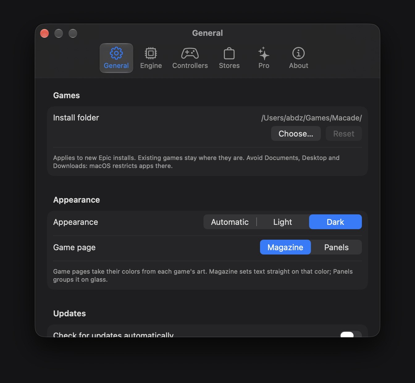 General preferences modal in MaPC with dark mode and Magazine versus Panels layout toggles
