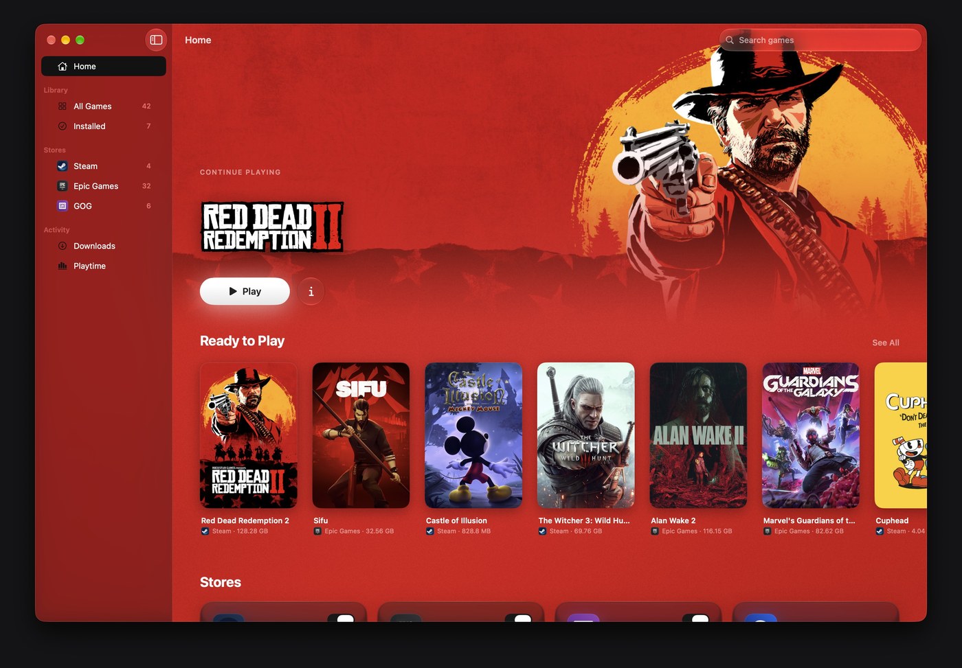 MaPC native Mac product design home view featuring Red Dead Redemption 2 and dynamic ambient color tinting