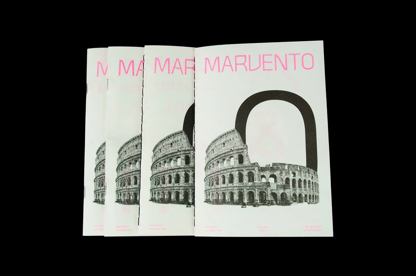 Risograph printed spreads showing seven weights of the variable typeface