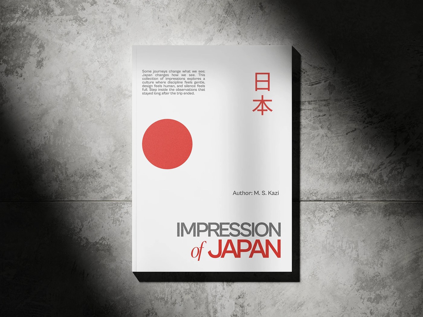Impressions of Japan minimal editorial design book cover mockup with red sun motif by Ashutosh Rana
