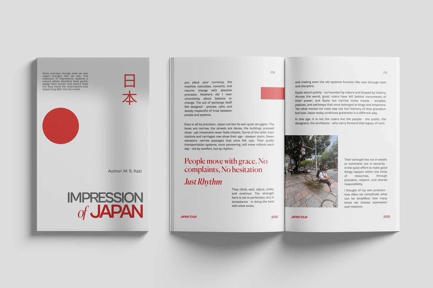 Open book spread showing asymmetric layout grid and red pull quotes in editorial design