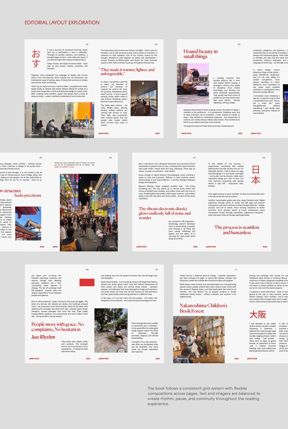 Complete editorial design layout exploration displaying multiple book spreads across Japanese cities