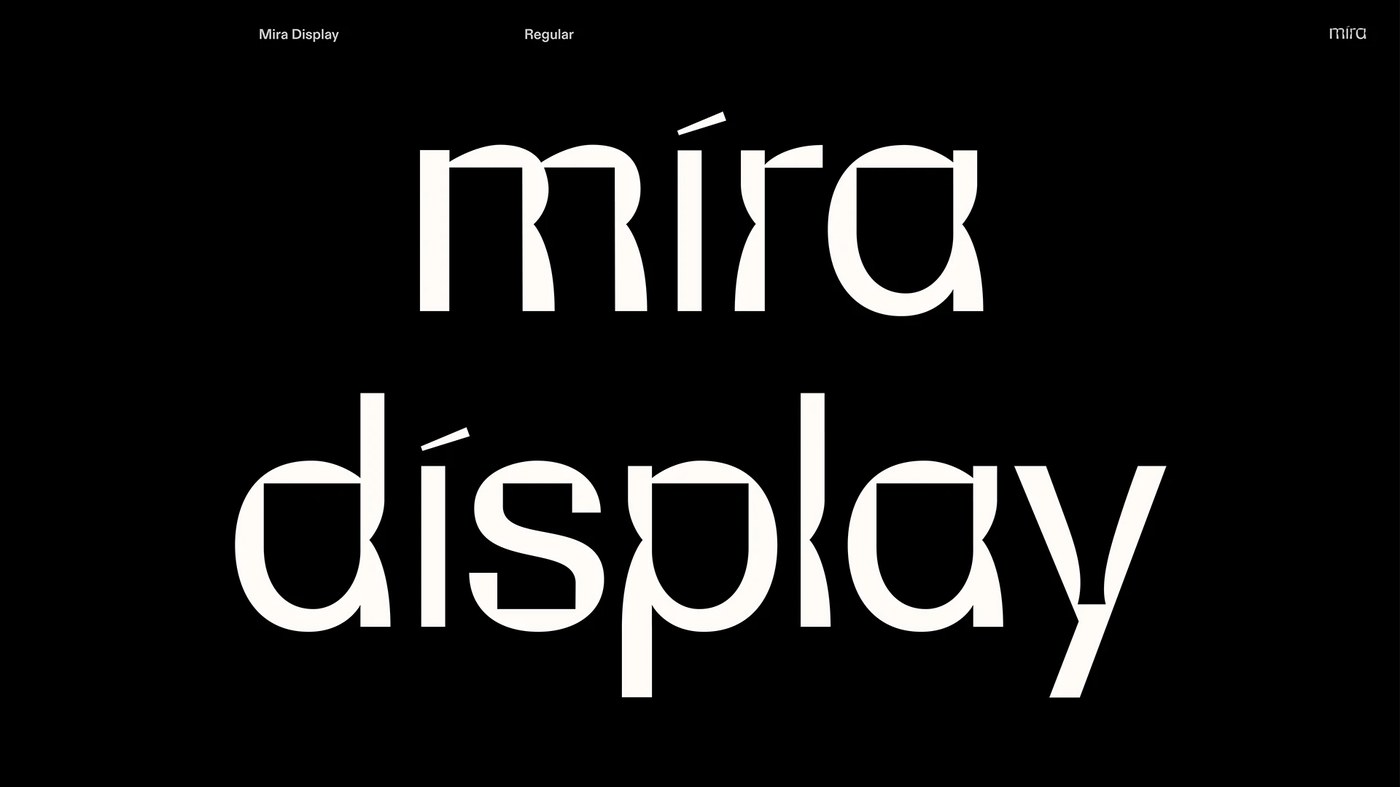 Typography design specimen sheet displaying character set and optical cuts for Mira Display