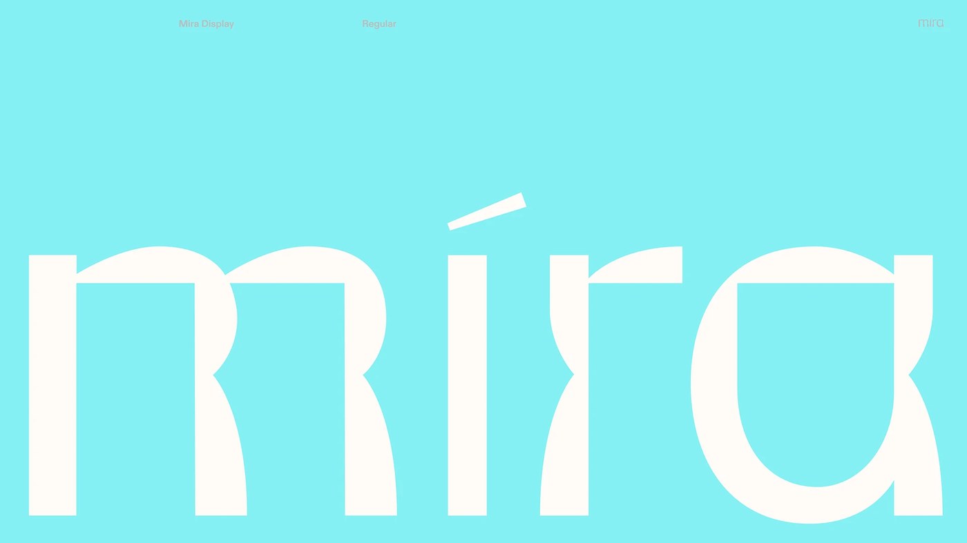 Typography design specimen on aqua background highlighting lens geometry in Mira Display