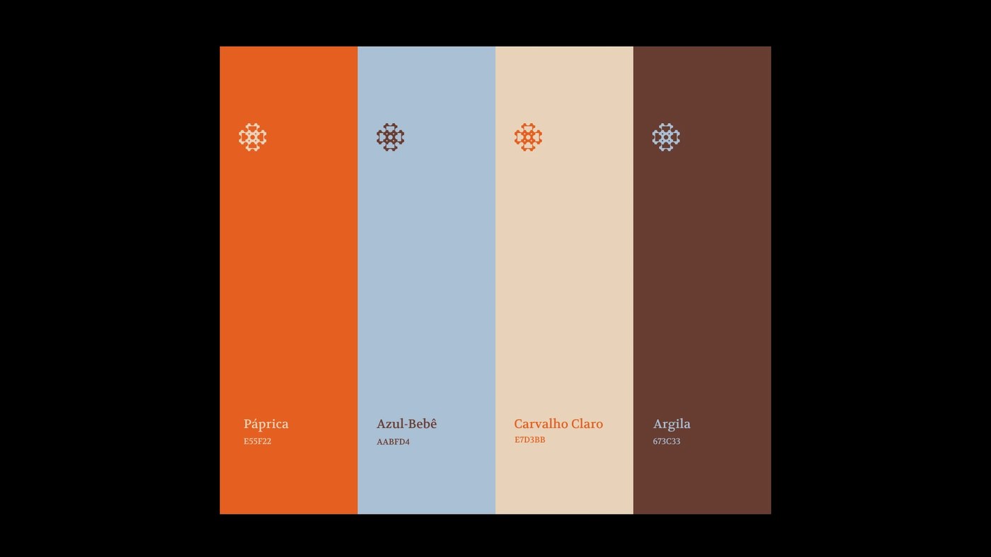 Mobilli brand color palette swatches featuring Páprica, Azul-Bebê, Carvalho Claro, and Argila — brand identity by Mariane Farias
