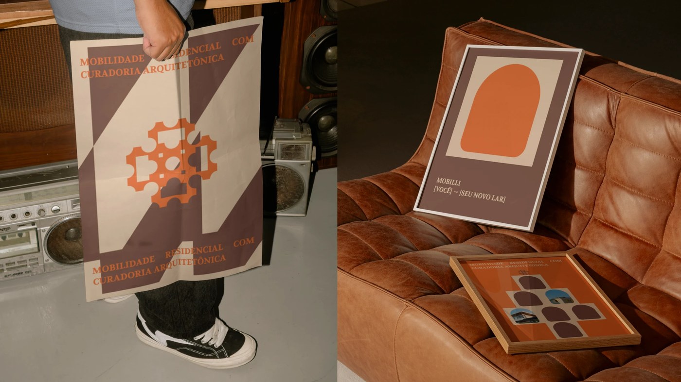 Mobilli framed interior posters displayed on leather sofa in residential setting — brand identity by Mariane Farias