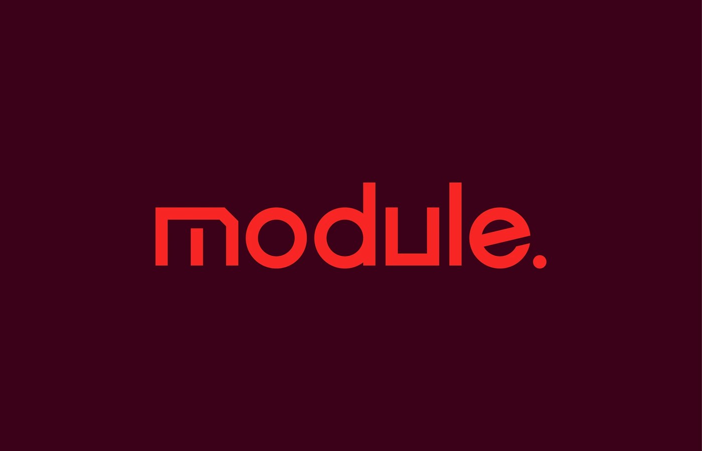Module centered logo mark in neon red on burgundy ground