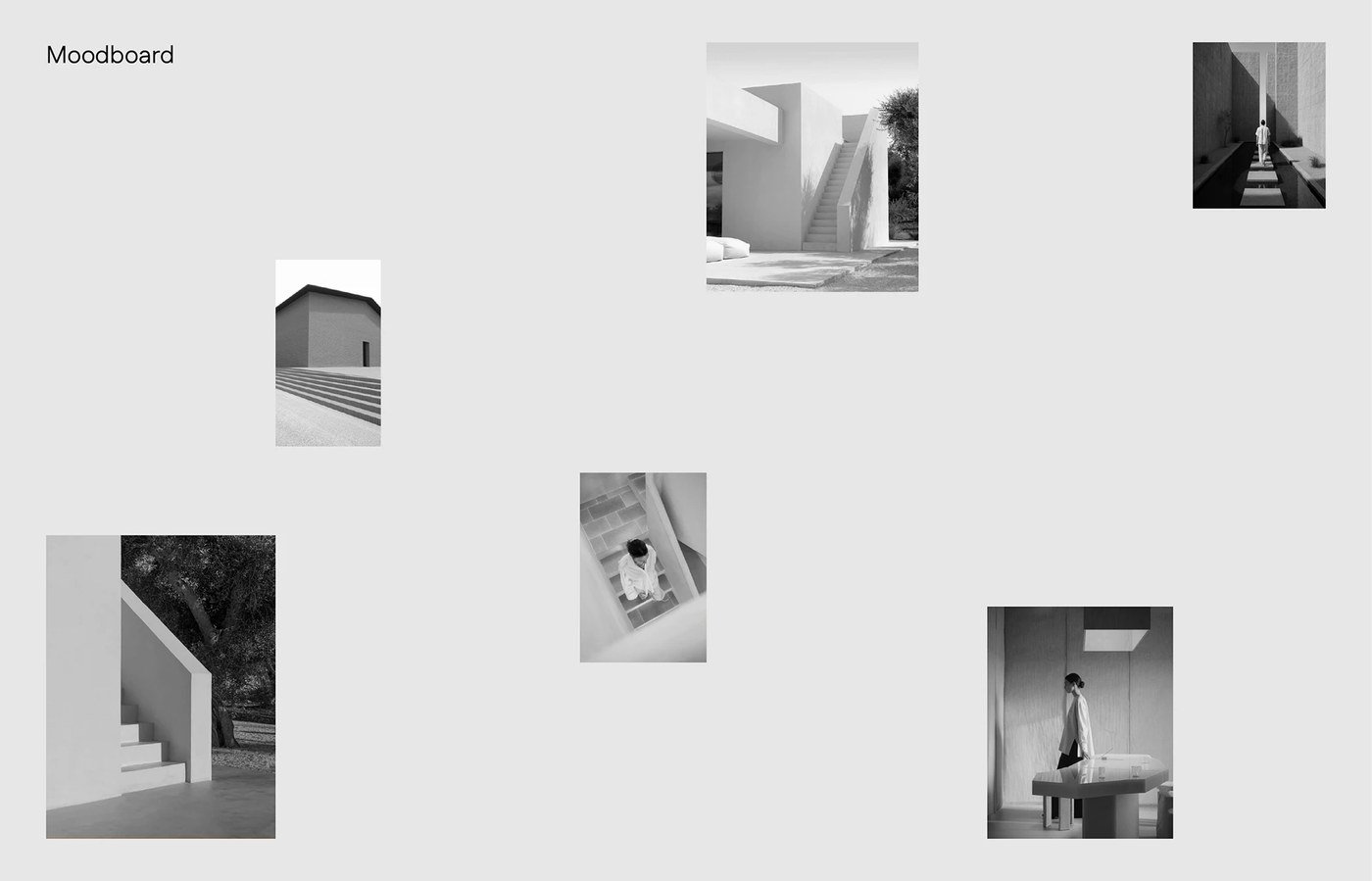 Module architecture studio moodboard with monochrome building photography and stone staircases