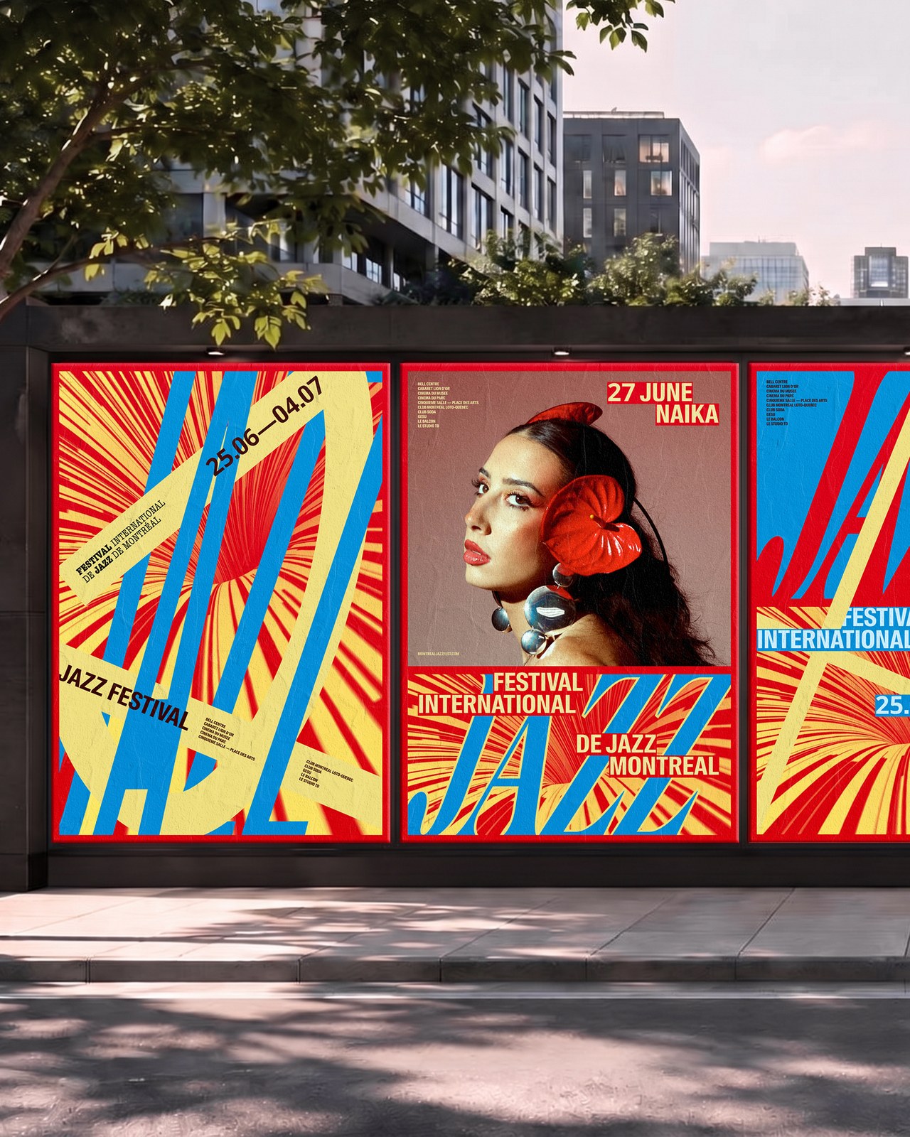 Transit shelter poster campaign in Montreal Jazz Festival visual identity