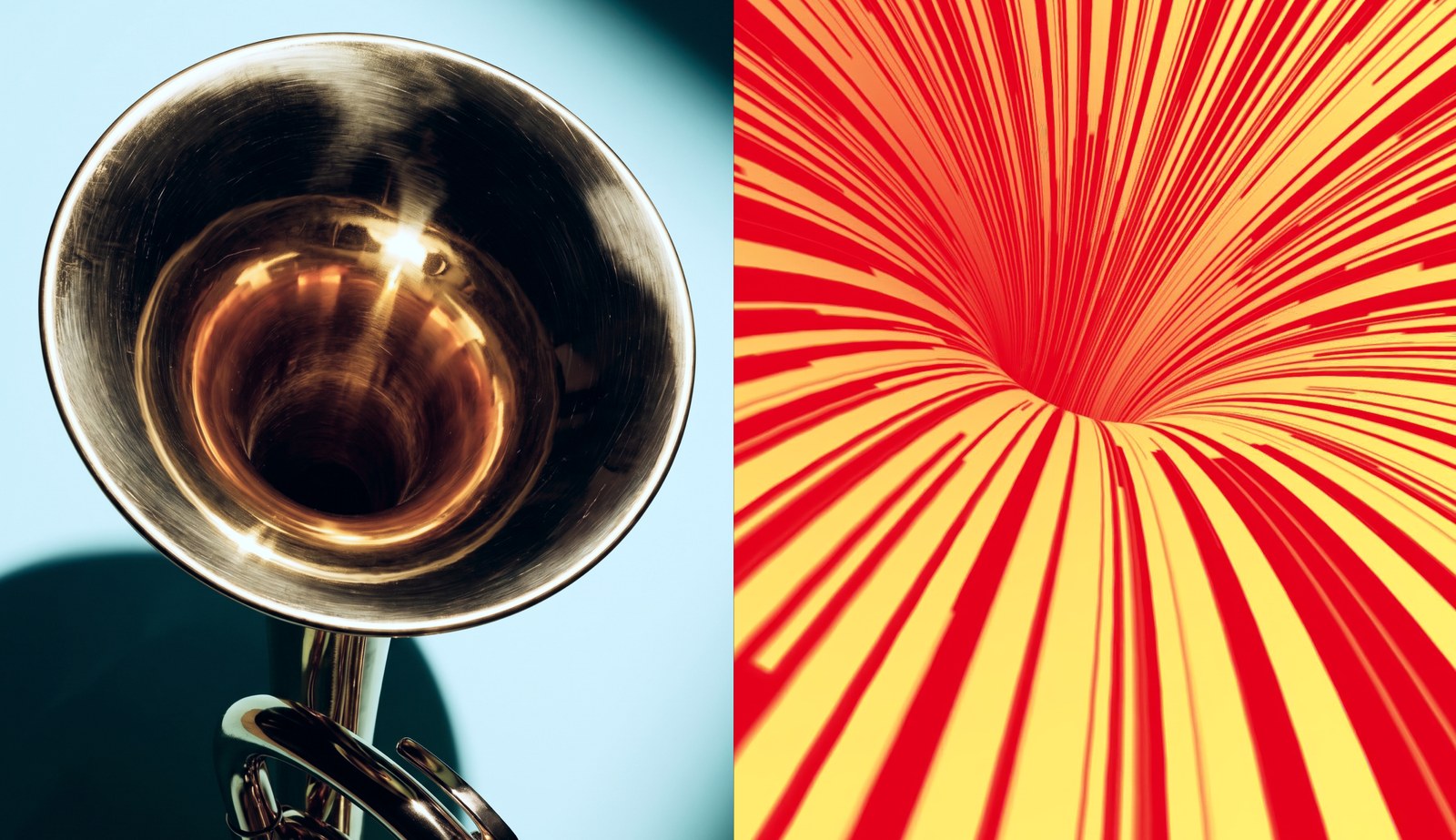 Brass trumpet bell paired with TouchDesigner generative pattern in visual identity