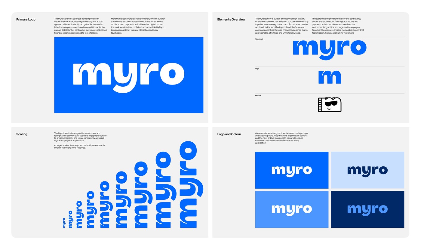 Branding design bold typographic poster and cross-border messaging for Myro
