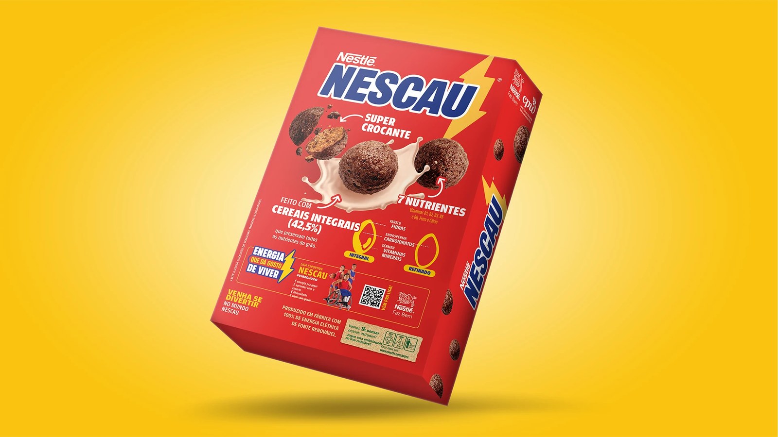 Back panel of Nescau cereal box using Narrow and Condensed weights for whole-grain diagrams — type design by Plau Design