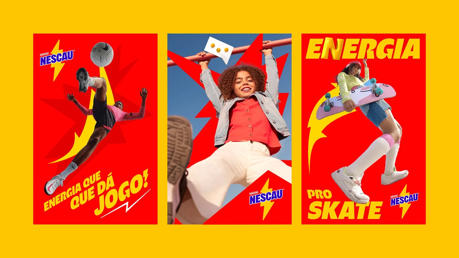 Nescau Display triptych of sports and skateboarding campaign posters on yellow background — type design by Plau Design
