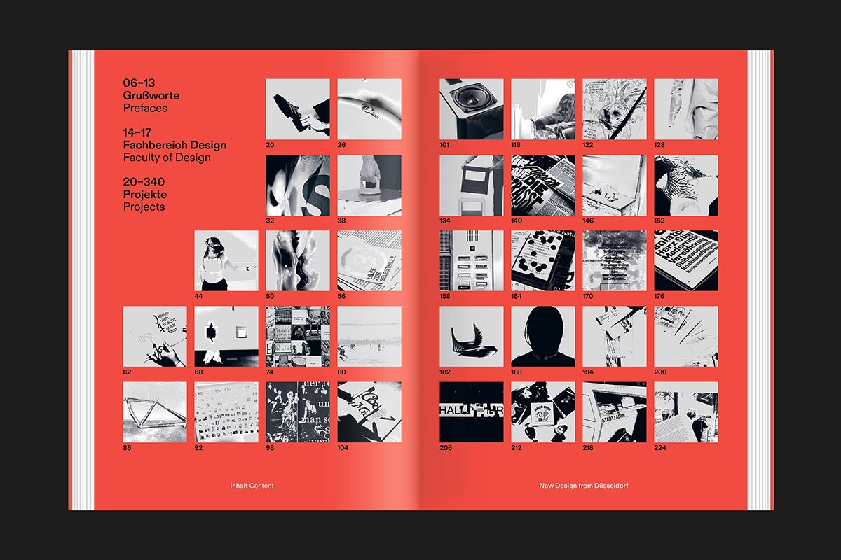 Contents spread with coral-red grid — graphic design book New Design from Düsseldorf