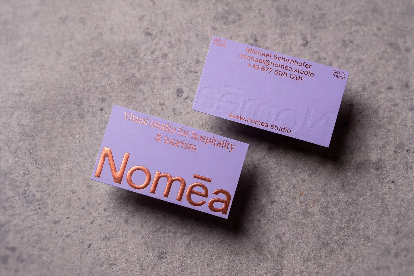Nomēa Studio copper foil stamped business cards branding