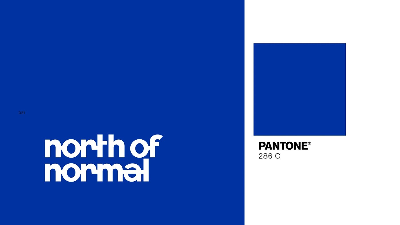 Pantone 286 C cobalt blue color swatch and wordmark for North of Normal branding design by Molnár Péter