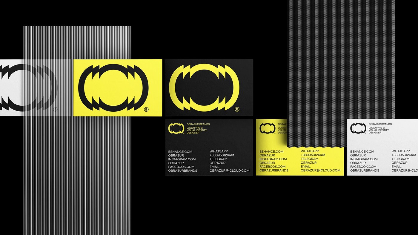 Obrazur visual identity stationery cards and fluted glass composition in acid yellow and black