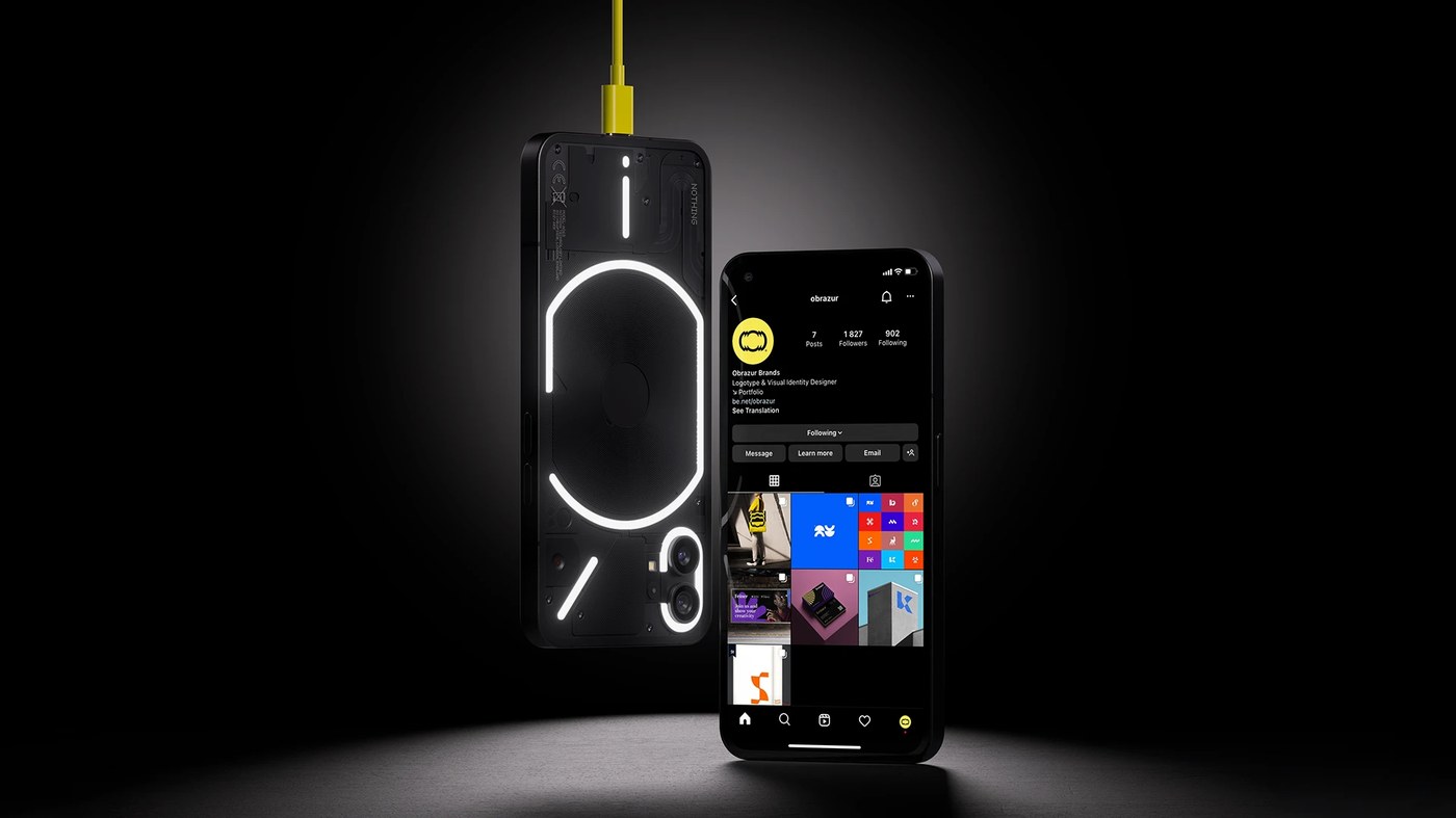 Mobile interface and Nothing Phone hardware showcase with Obrazur logo