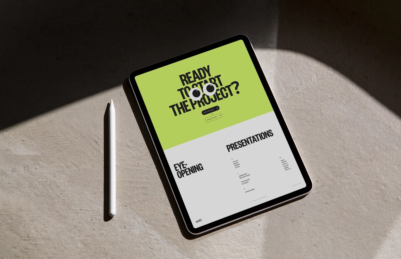 Ochi Design web design system overview by Obys Agency showing tablet interface, chartreuse color palette, logo wordmark, and condensed grotesque typography