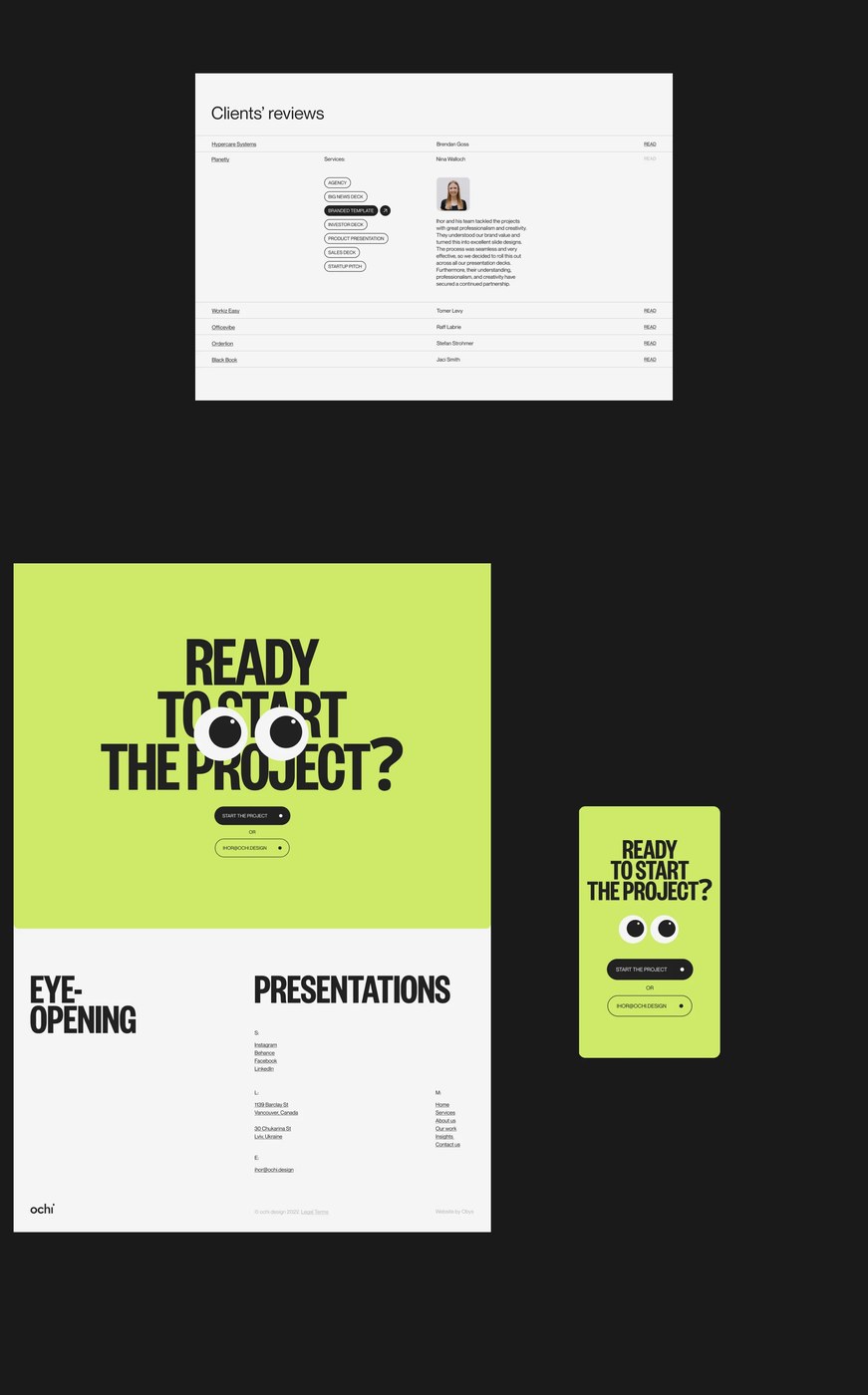 Ochi Design interactive client reviews accordion and chartreuse call-to-action screen with cursor-tracking optical eyes — web design by Obys Agency
