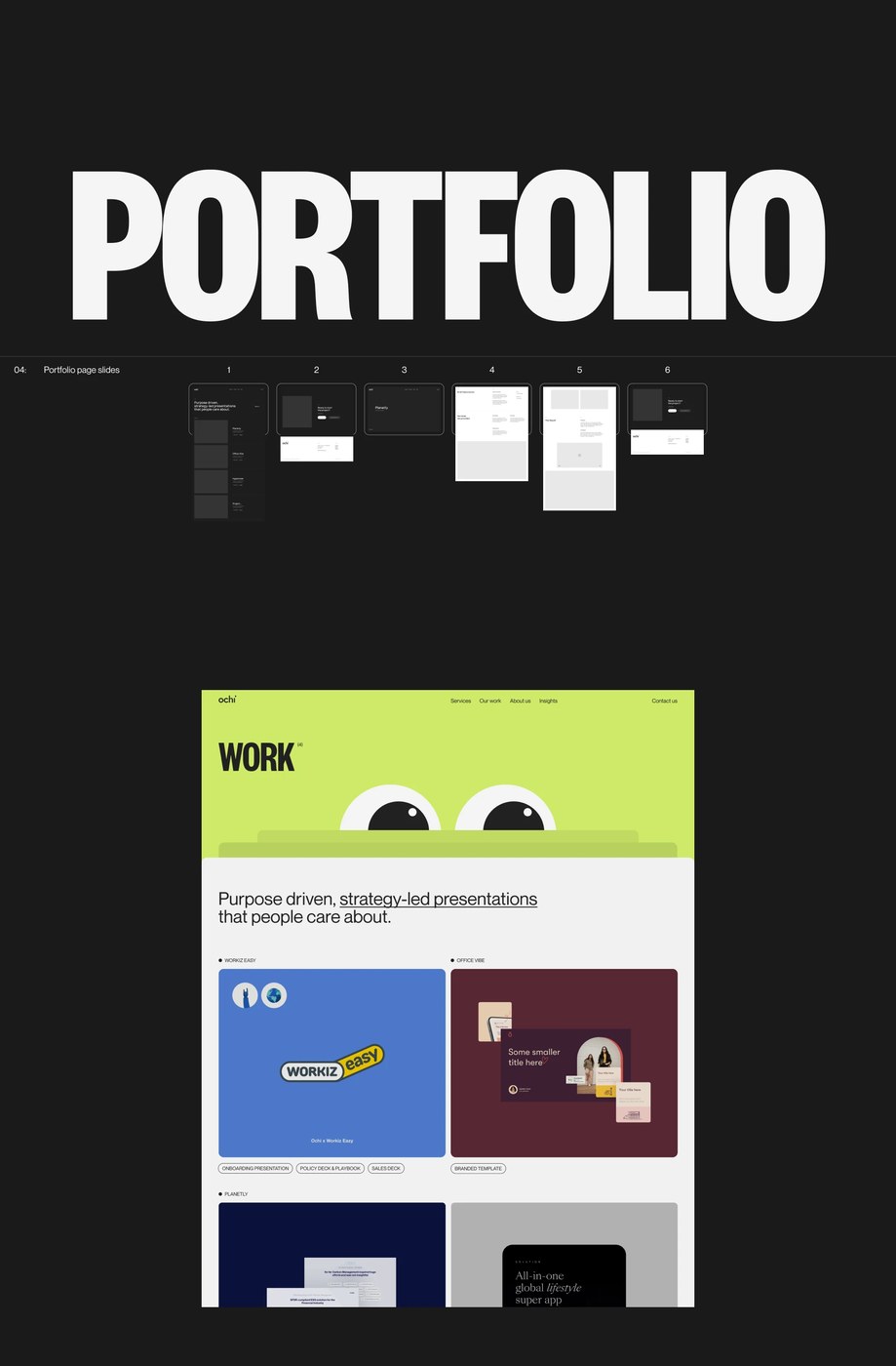 Ochi Design Portfolio slide deck overview and WORK showcase featuring Workiz Easy and Officevibe case study cards — web design by Obys Agency