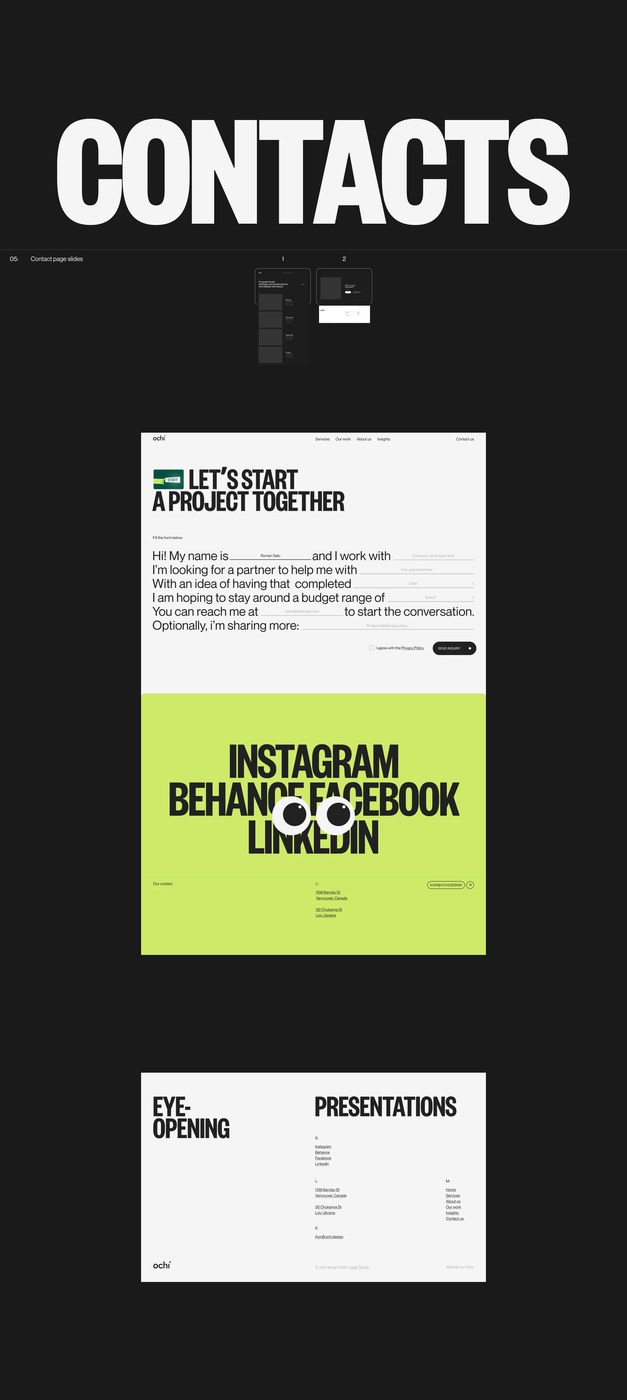 Ochi Design Contacts slide system and natural-language fill-in-the-blank project inquiry form — web design by Obys Agency