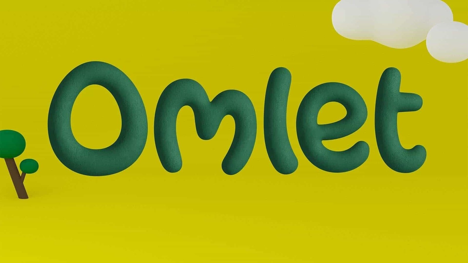 Sculpted forest-green Omlet wordmark featuring the signature egg-shaped O over chartreuse yellow in Ragged Edge’s brand identity
