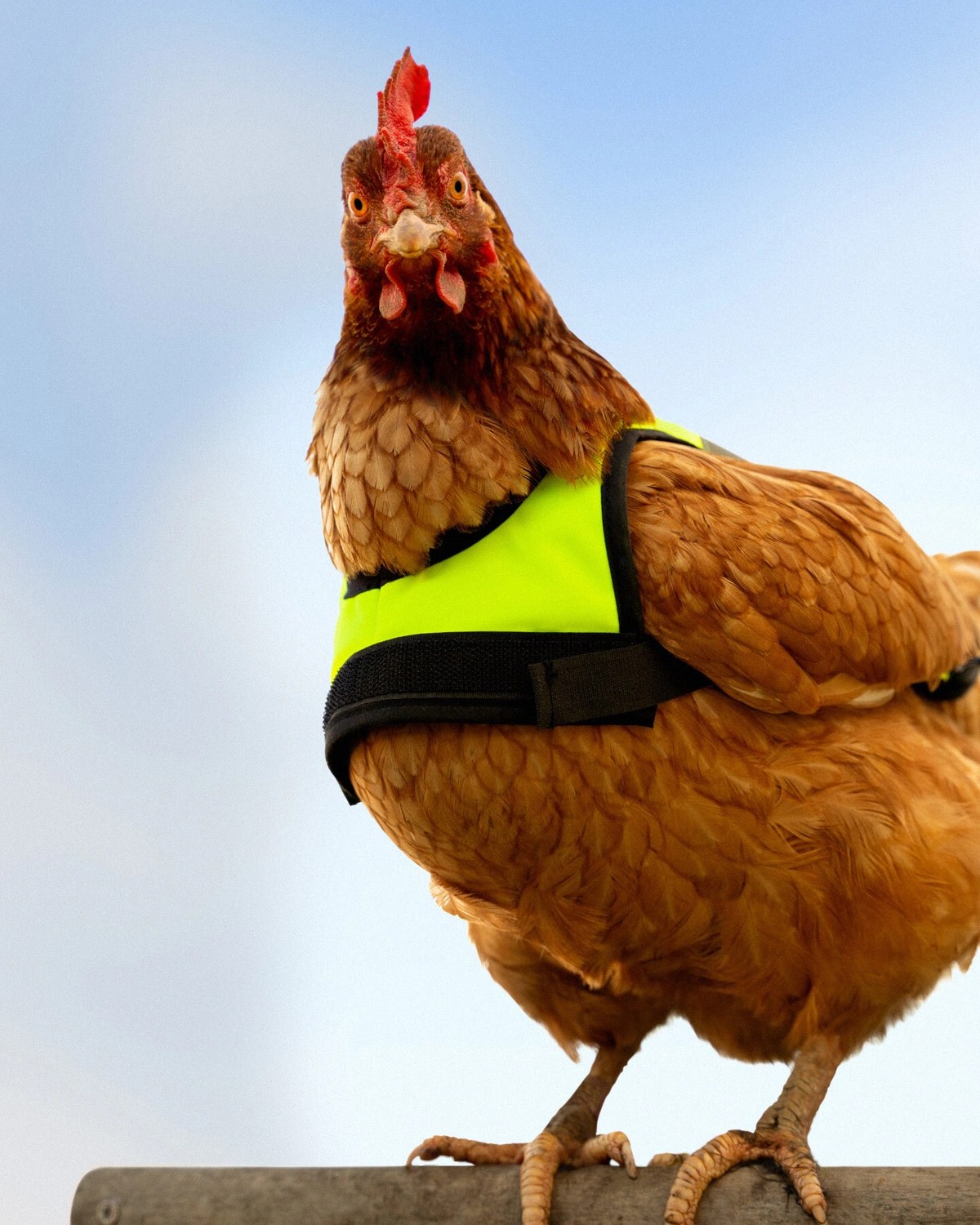Low-angle portrait of a hen wearing Omlet’s fluorescent lime-yellow high-visibility jacket in Ragged Edge brand identity