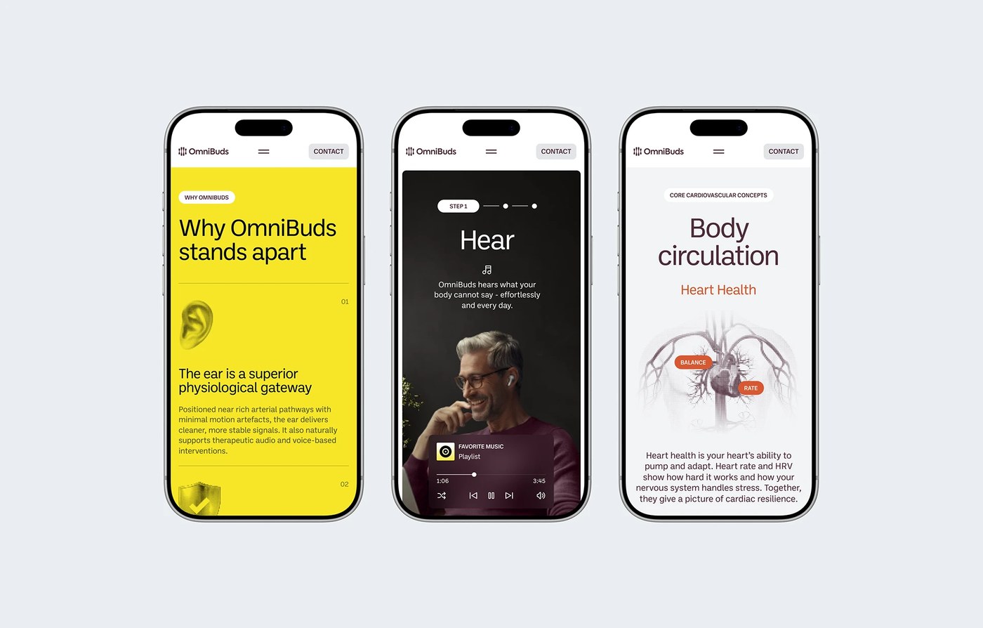 OmniBuds web design mobile app telemetry screens and daily summary views by HALO LAB