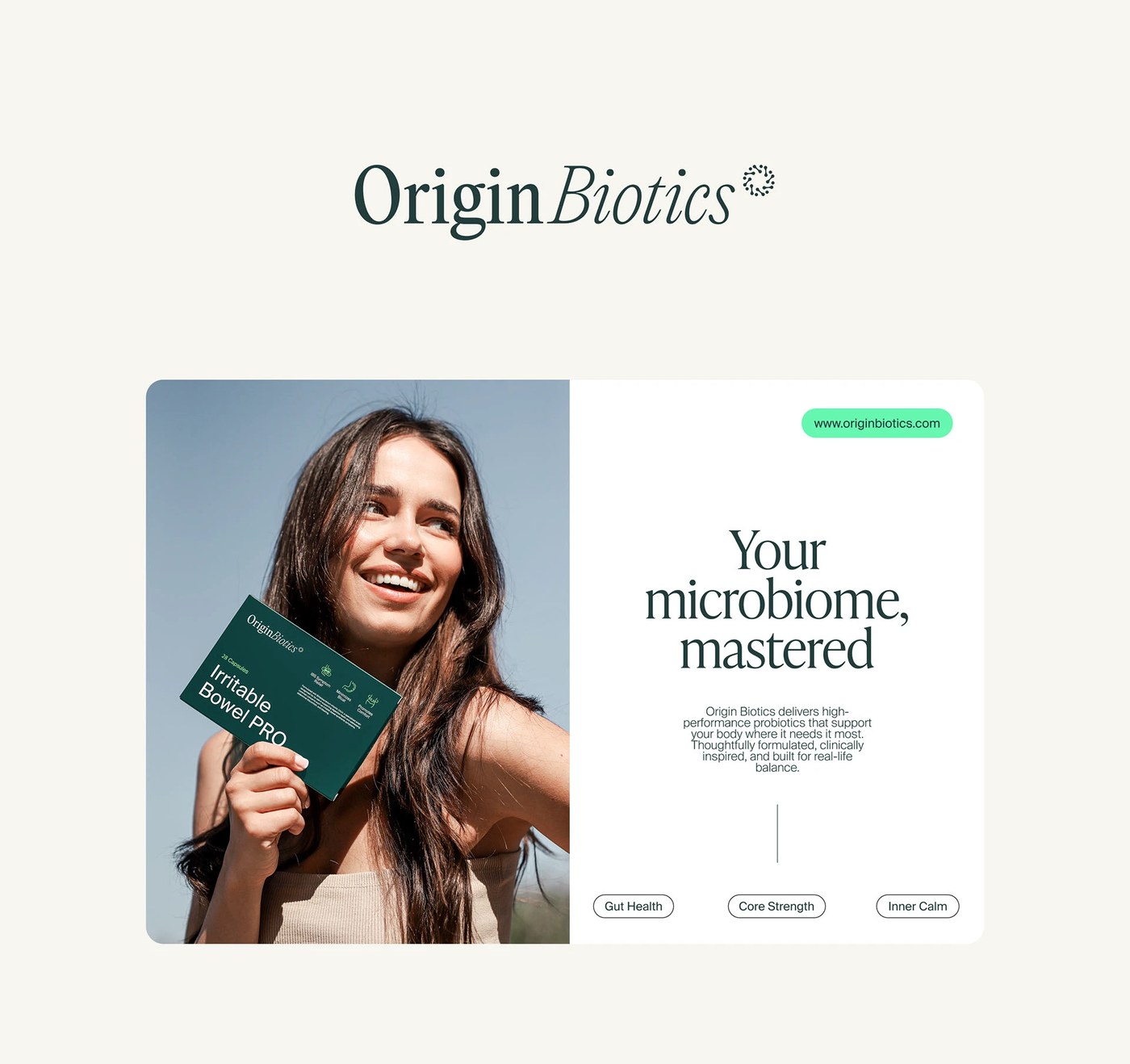 Originbiotics packaging display showing organic branding details