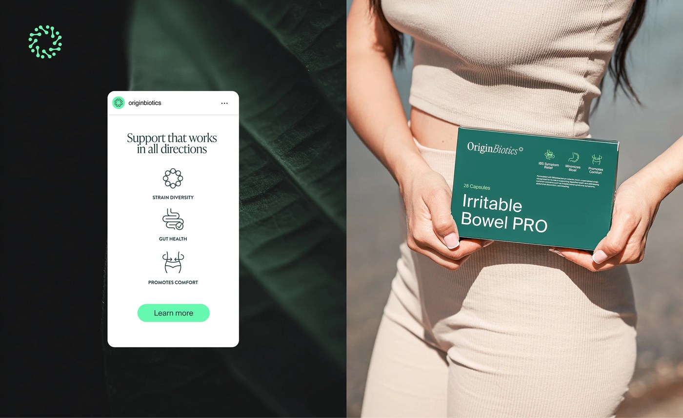 Originbiotics packaging design layout and minimal color system