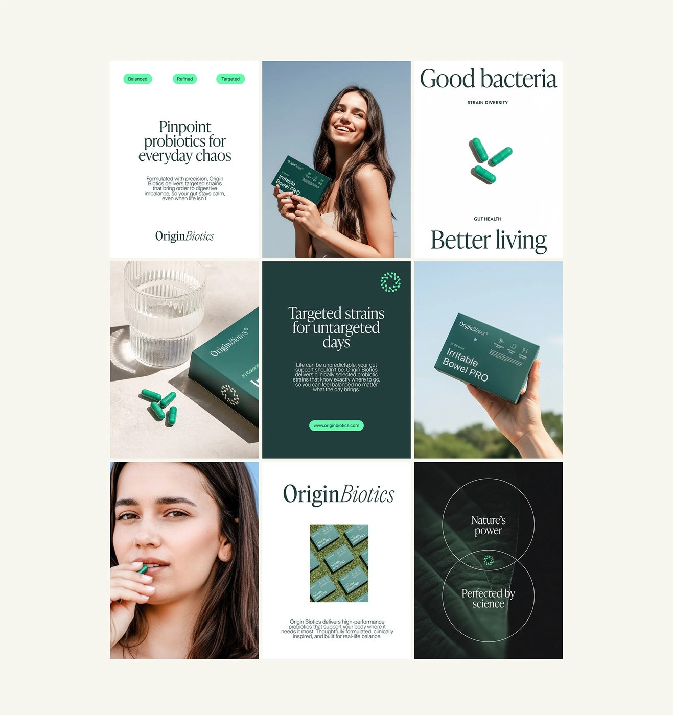 Originbiotics packaging typographic hierarchy on green labels