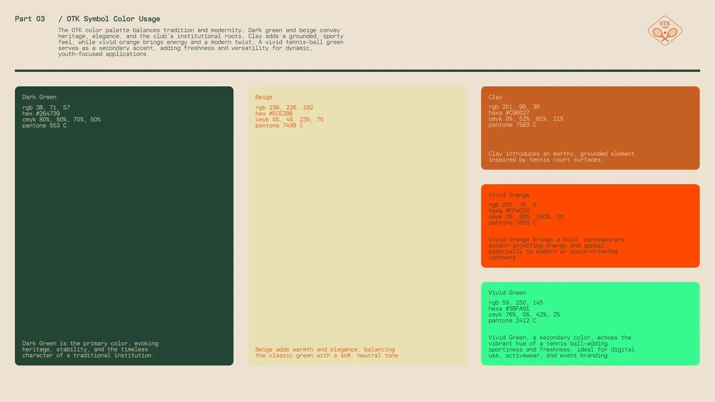 Oslo Tennisklubb brand guidelines color palette board — brand identity by Garcy Studio