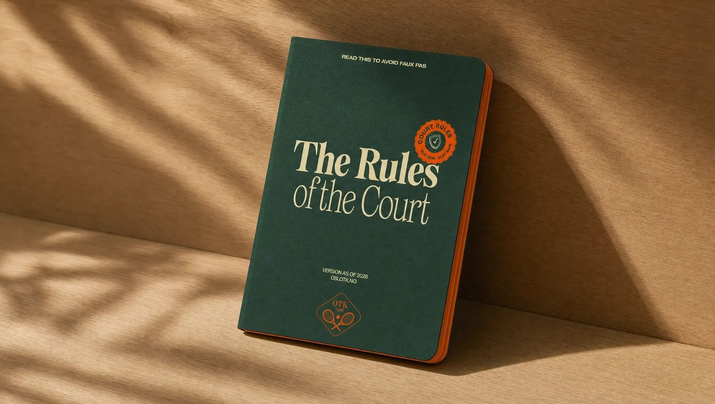 The Rules of the Court booklet with Oslo Tennisklubb green and orange identity — brand identity by Garcy Studio