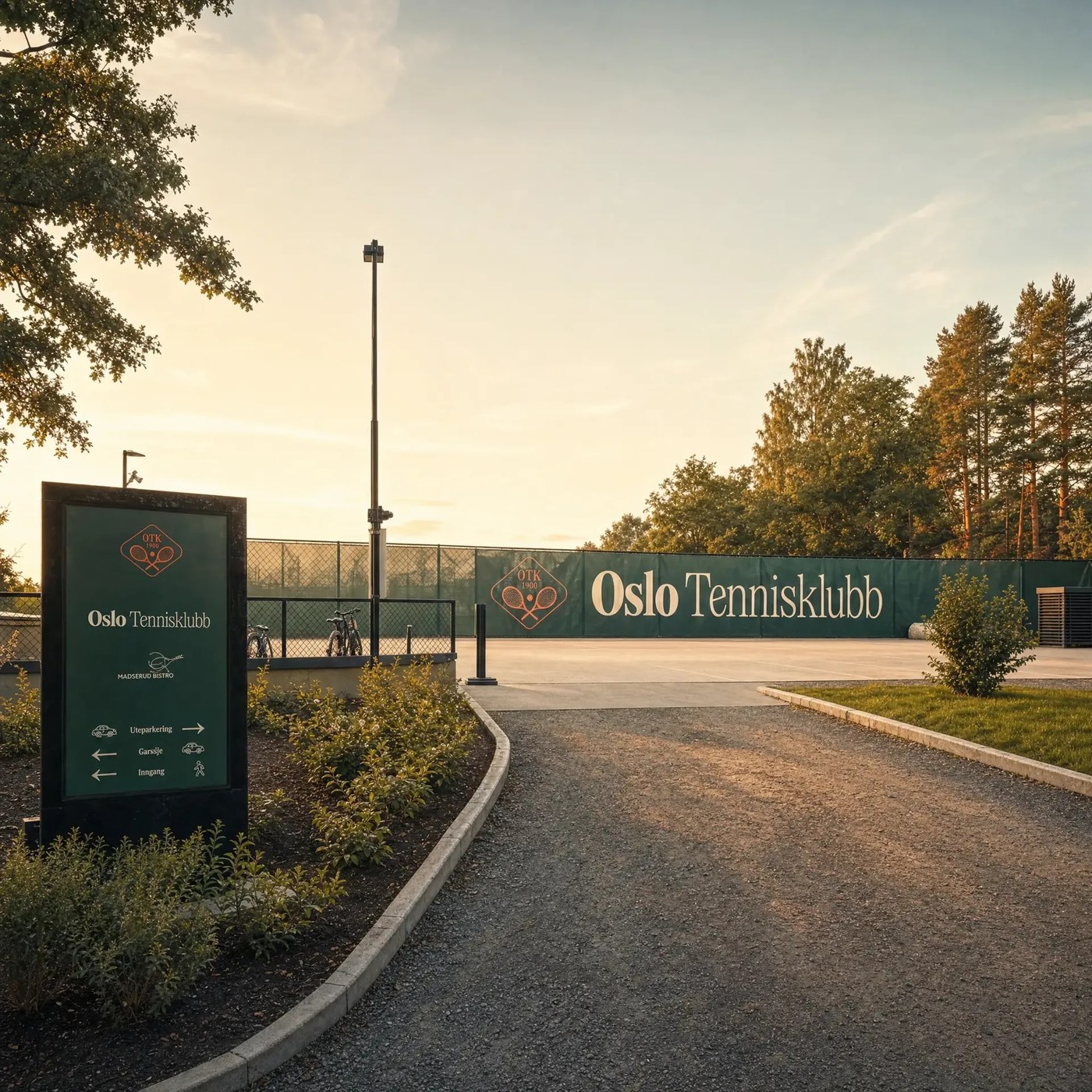 Oslo Tennisklubb entrance signage and club court wordmark — brand identity by Garcy Studio