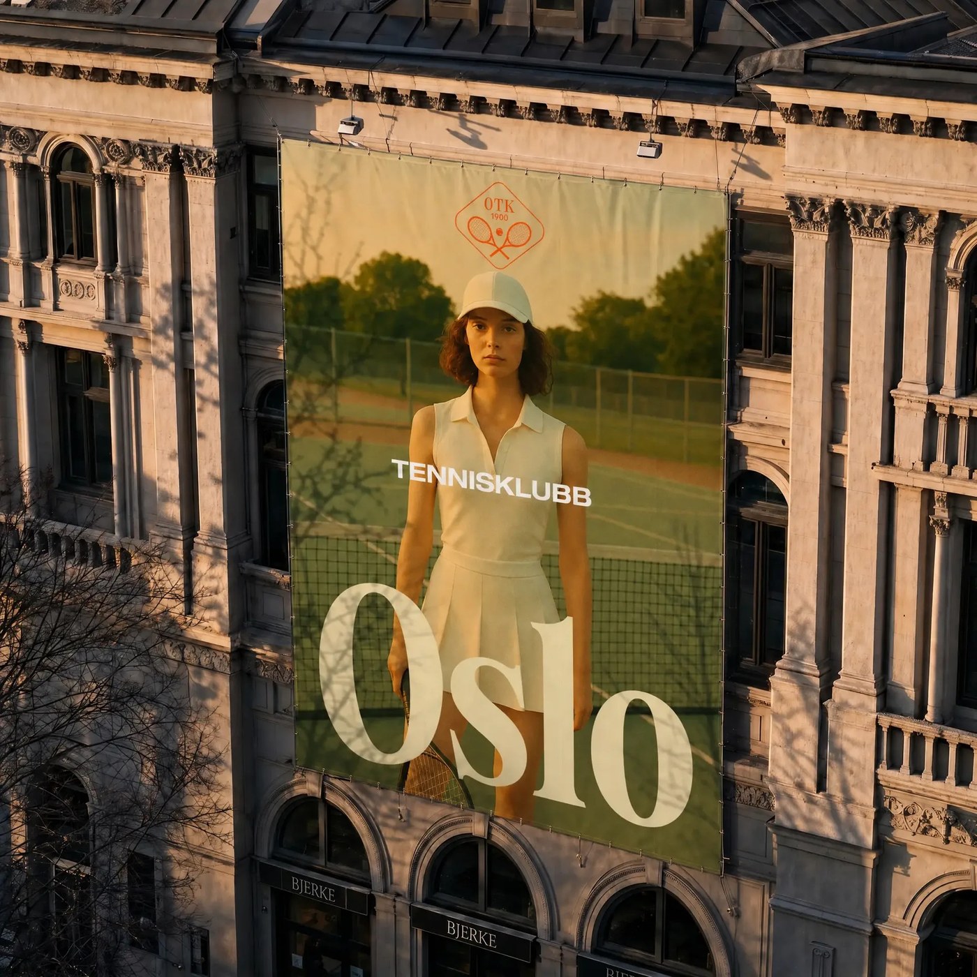 Oslo Tennisklubb tennis campaign on a large outdoor building banner — brand identity by Garcy Studio