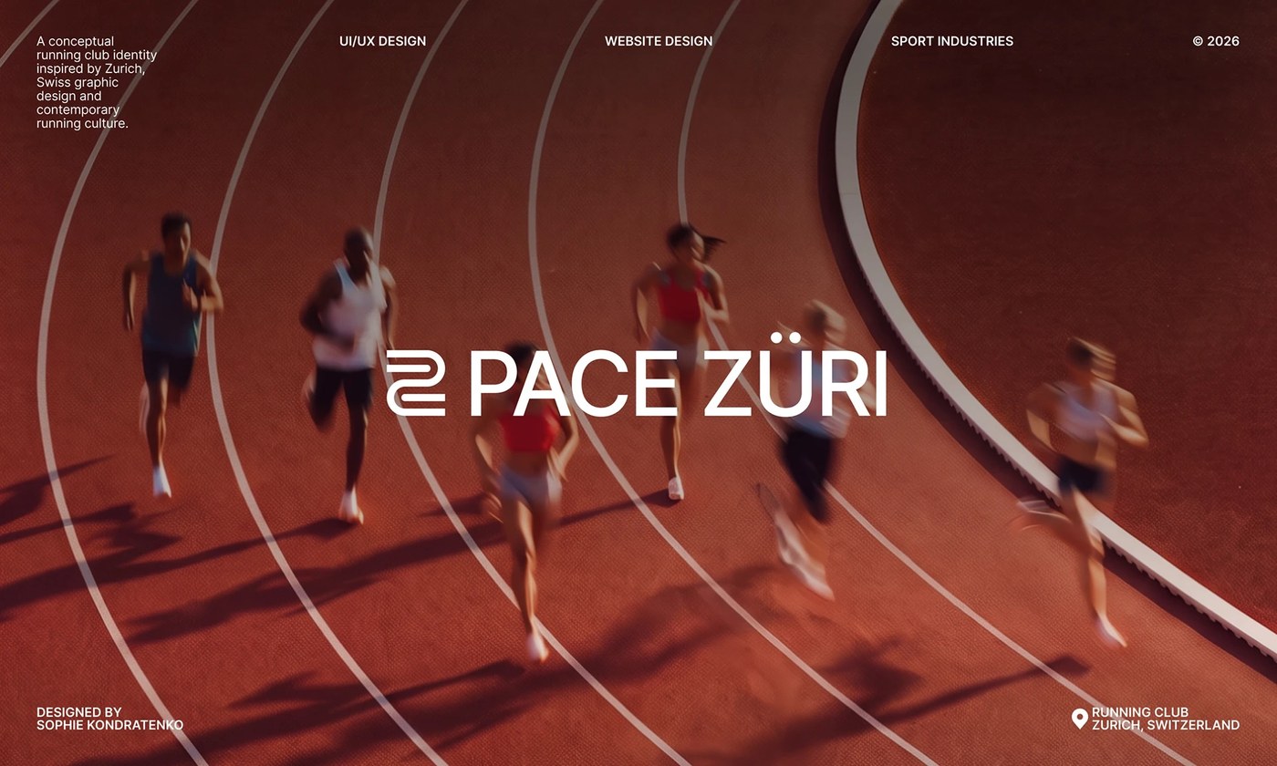 Overhead view of runners rounding a curved red running track with bold Pace Züri logotype and Swiss typography