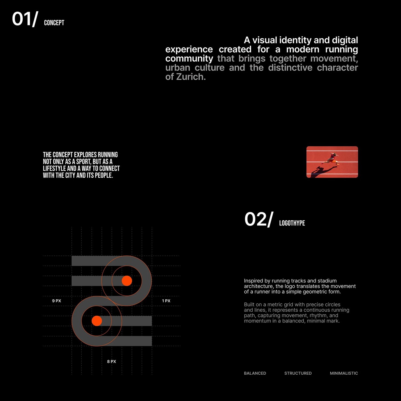 Brand concept presentation and geometric logotype metric construction diagram on an eight-pixel grid with orange focal nodes