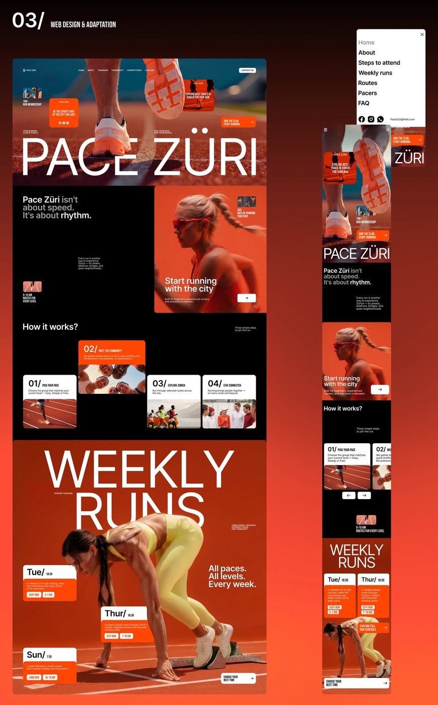 Full desktop website layout and responsive mobile design screens displaying weekly run schedules and community membership cards